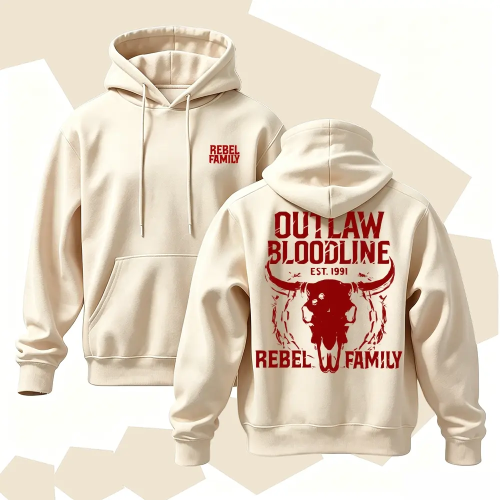 Vintage Western Bull Skull Outlaw Style Graphic Pullover Hoodie Distressed Letter Print Casual Long Sleeve Streetwear Hooded Sweatshirt For Men