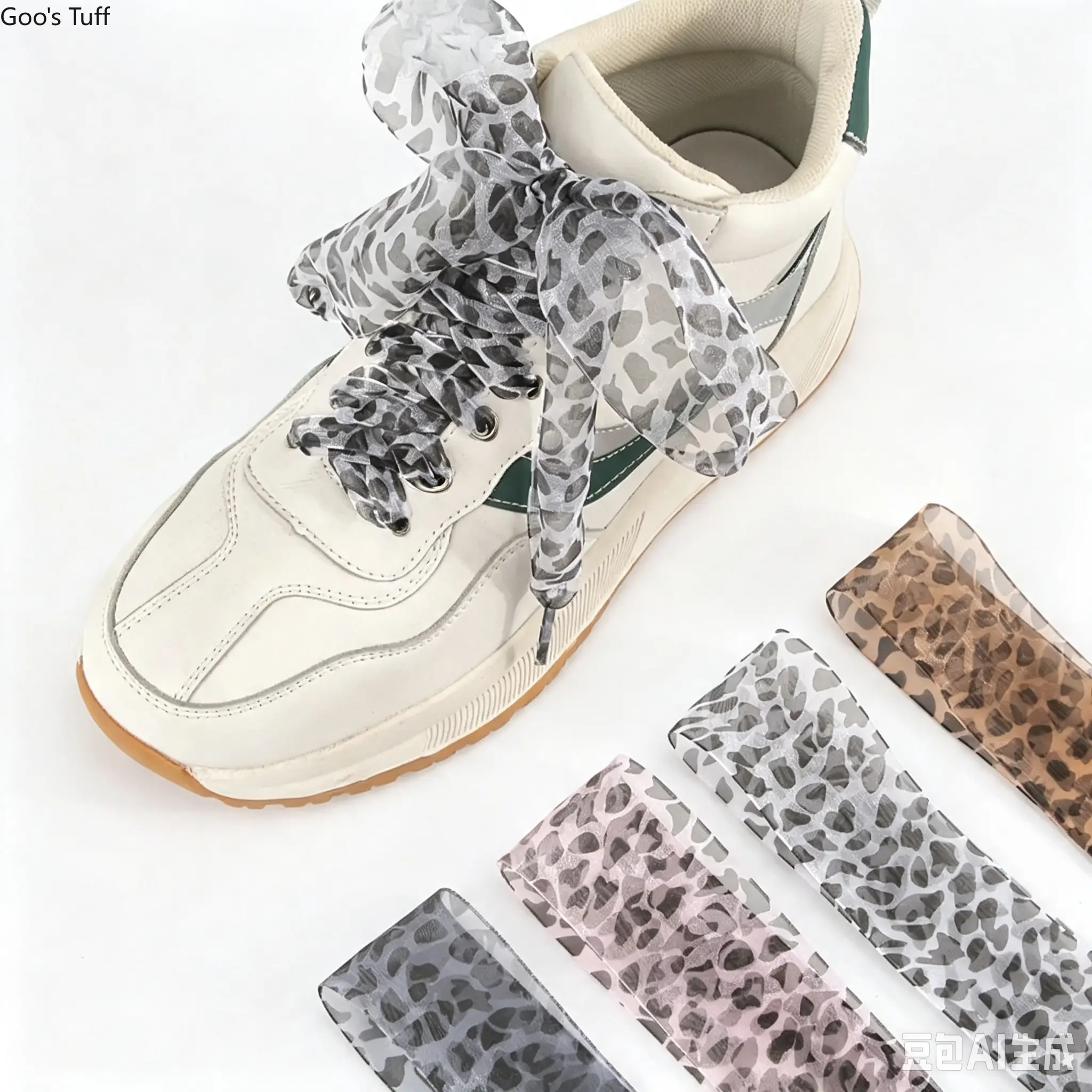 White Leopard Print Shoelaces 4cm Extra‑Wide Sheer Organza Ribbon Lightweight Flat Weave Polyester Nylon Laces for Casual Sneakers