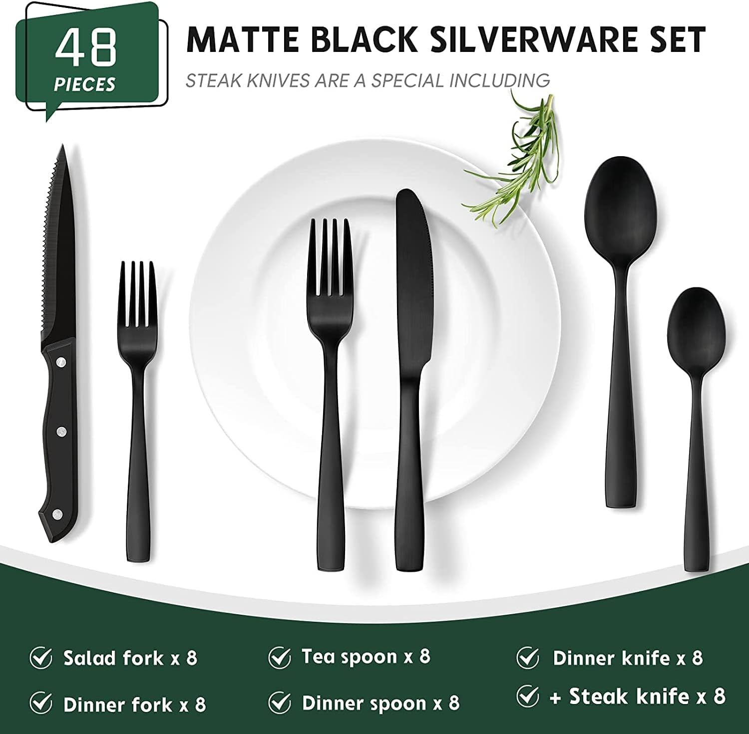 24/48-Piece Silverware Set with Steak Knives Mirror Finished Utensil Sets for 4/8 Stainless Steel Tableware Cutlery Set Utensil Sets for Kitchen Dinnerware
