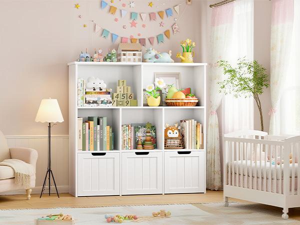 FOTOSOK Toy Storage Organizer with 3 Movable Drawers, Toy Organizer with Hidden Wheels and 5 Open Cubbies, Multifunctional Floor Storage Chest for Playroom