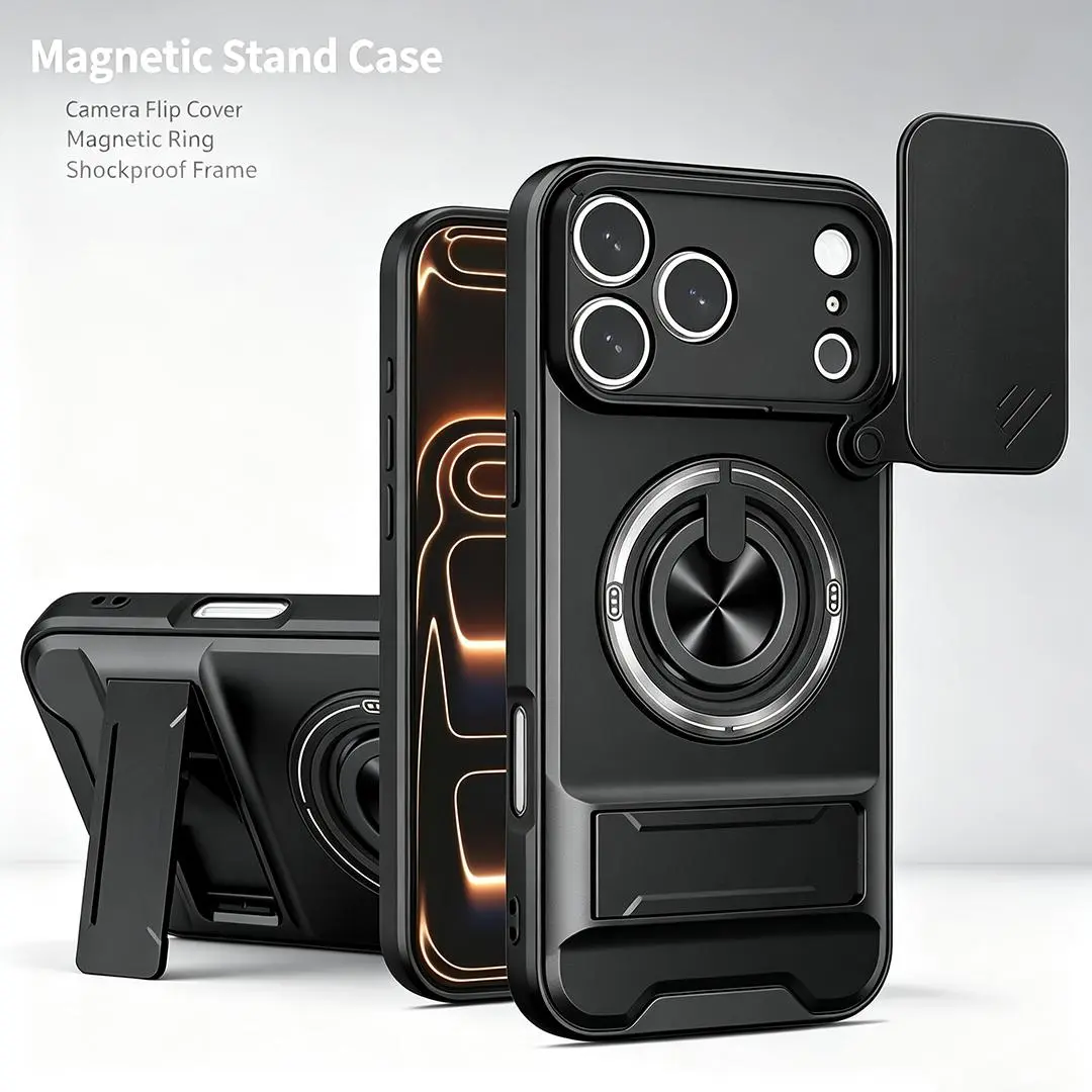 4-in-1 Military Grade Phone Case for iPhone 17 Pro Max, 16/15/14/13 Pro Max - Sliding Camera Lens Protector, Ring Holder Kickstand, Magnetic Car Mount Compatible, Heavy Duty Shockproof Cover flexible rubber liner fashion gift anti drop invisible stand, Ha