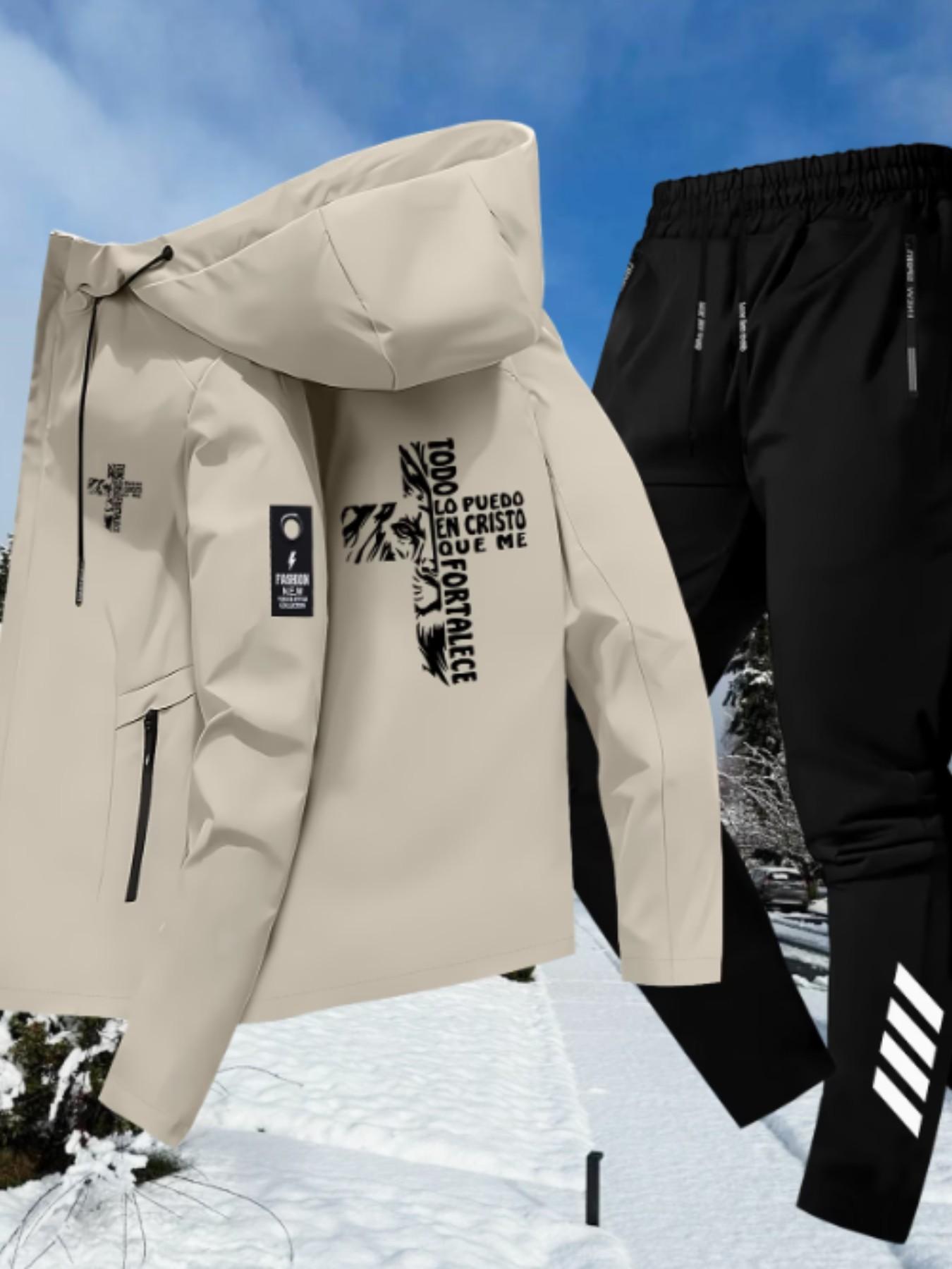 Men Women Spring Fall Jacket Hooded Zipper Lion Cross Theme Print, Fashion Versatile Top Coat Outerwear, Durable Anti-Wrinkle Sports Pants Set