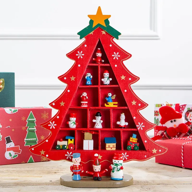 Wooden Christmas Tree Display Stand, DIY Cute Fun Grid Storage Rack, Mini Santa Figures Set, Kids Desk Holiday Decor, Christmas Gift Ornament