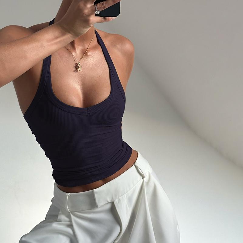Women's Solid Ribbed Elastic Halter Neck Tank Top, Elastic Ribbed Vest, Casual Sleeveless Top for Daily Wear, Ladies Clothes for All Seasons