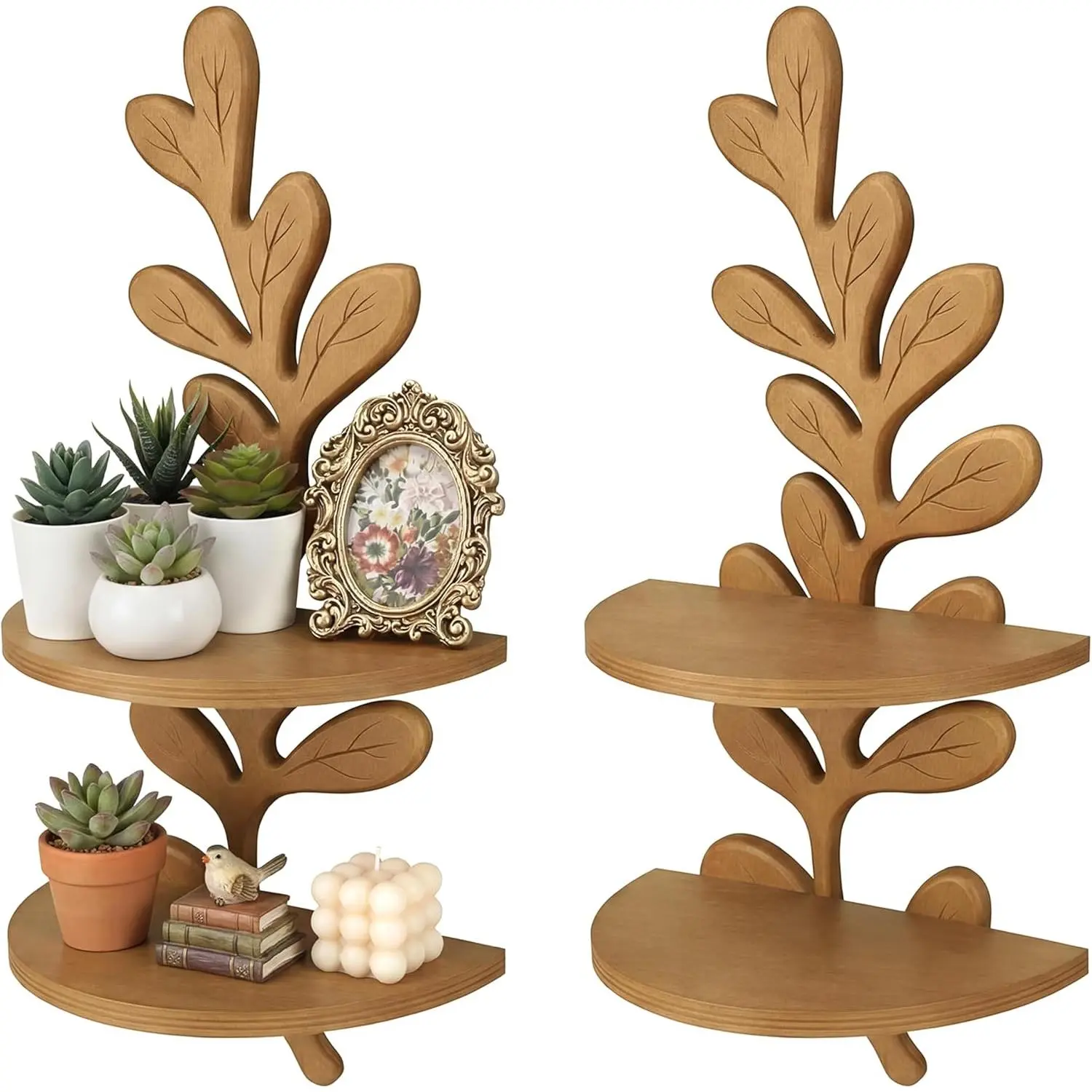 Pinkunn 2 Pcs Leaf Boho Floating Shelves Wood Cute Wall Shelves Display for Ornaments Boho Wall Art Mounted Plant Decor for Bedroom Living Room Bathroom(Brown)
