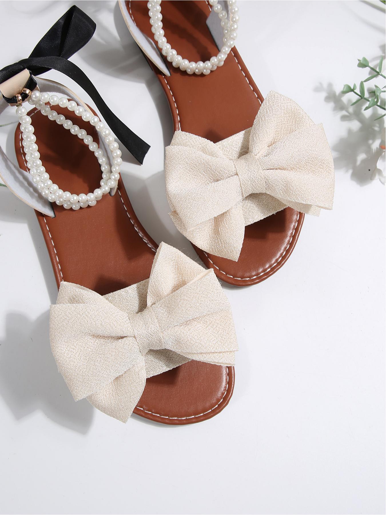 Women's Bow Decor Pearl Ankle Strap Flat Sandals, Open Toe Lace Up Bohemian Beach Shoes, Sizes 36-43 Multiple Colors