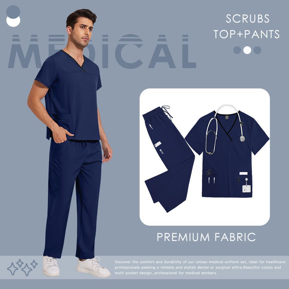 Women's Solid V-Neck 2-Piece Scrubs Set - Short Sleeve V-Neck Top & Pants, Standard Fit Women's Clothes for All Seasons, Medical Dental Workwear (Menswear Compatible)