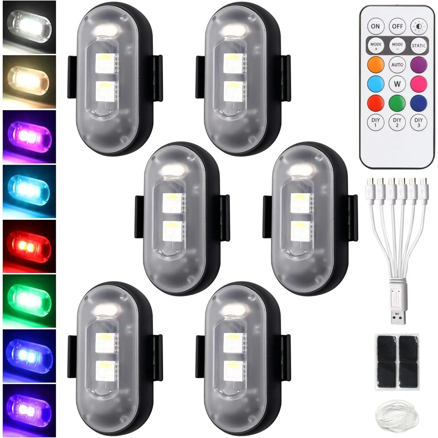 6Pcs Wireless Flashing LED Flash Lights - 8-Color Waterproof Rechargeable Anti-Collision Remote-Control Lighting Gear, Velcro-Mount Compact for Bike, Scooter Night Riding, Festive & Party Gift (Home Supplies), Safety Gear