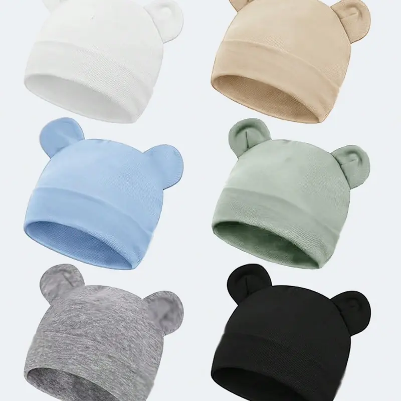 Cute Bear Ear Baby Beanie for 0-3 Months, Soft Cotton Newborn Hat, Multi-Color Stretchy Warm Cap for Baby Boys and Girls