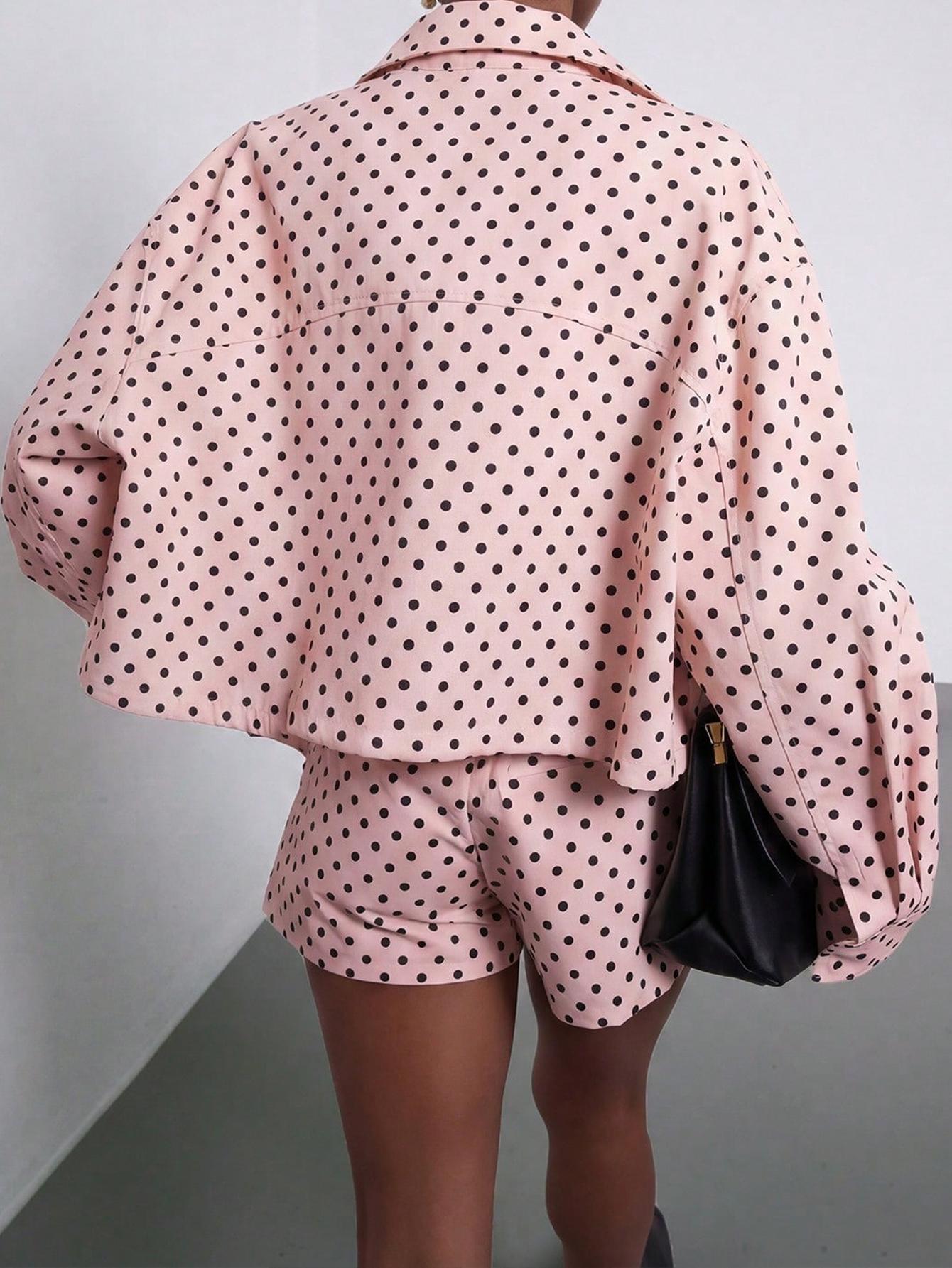 Women's Spring Fall Fashion European Style Stand Collar Vintage Polka Dot Long Sleeve Jacket Pilot Look Outerwear with Polka Dot Shorts Two-Piece Set Blazer Shorts Set