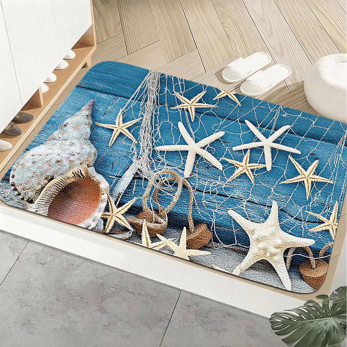 Ocean Theme Starfish Seashell Bath Mat, Blue Wood Print, Thick Faux Wool, Skin-Friendly, Non-Slip, Absorbent, Durable, Easy Clean, All Seasons