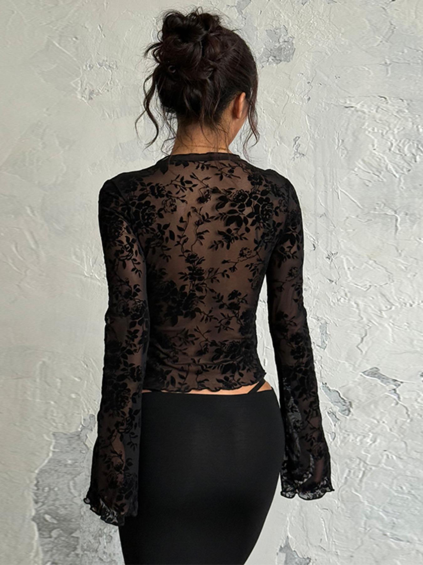 Women's Plain Ruffled Bell Sleeve Top, Sexy Slim-Fitting Graphic Blouse, Fall Fashion, Women's Casual Wear, Stylish and Comfortable