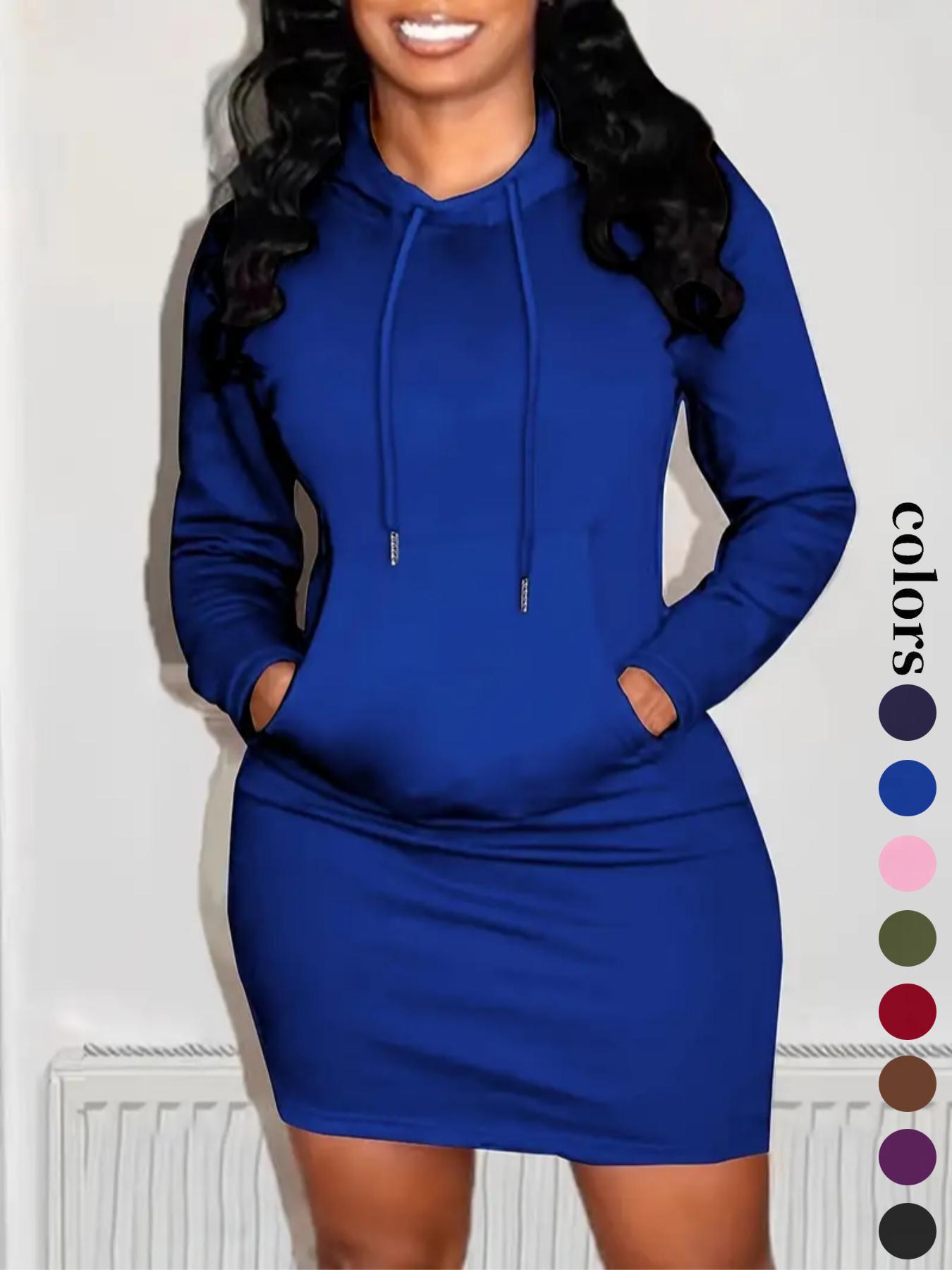 Women's Solid Drawstring Hooded Sweatshirt Dress, Casual Long Sleeve Pocket Dress for Fall & Winter, Ladies Clothes for Daily Wear, Womenswear, Fabric