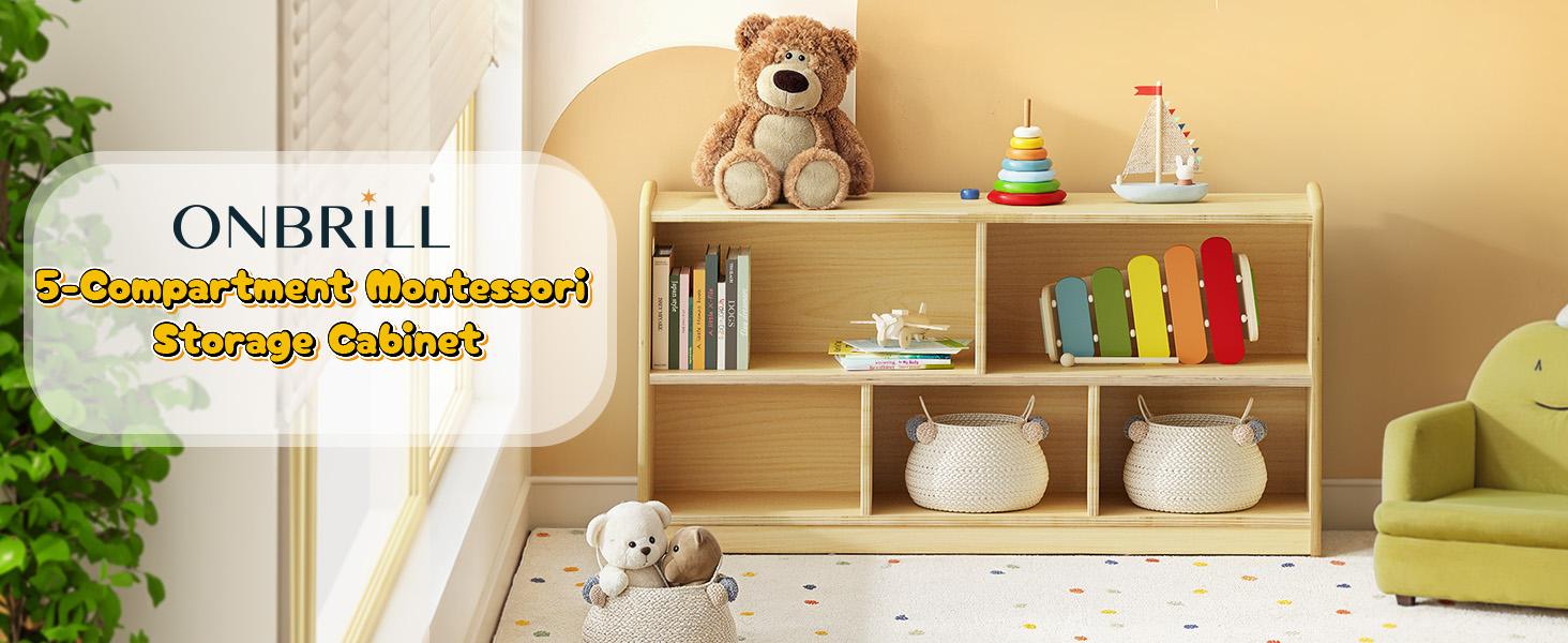 【SPRING GLOW UP】ONBRILL 2-Tier Wood Montessori Cabinet for Kids, Toddler Room Book Shelves Toy Organizers and Storage, Small Book Shelf Storage for Baby Children, Furniture of Classroom, Nursery, Playroom