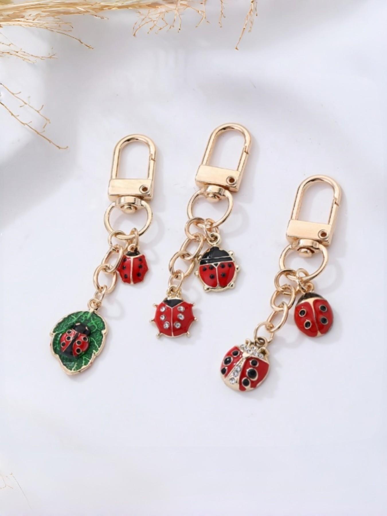 3pcs Ladybug Keychains, Enamel Bug Pendant with Crystal Gems & Leaf Design, Perfect Accessory for Bags & Wallets, Ideal Mother's Day Gift