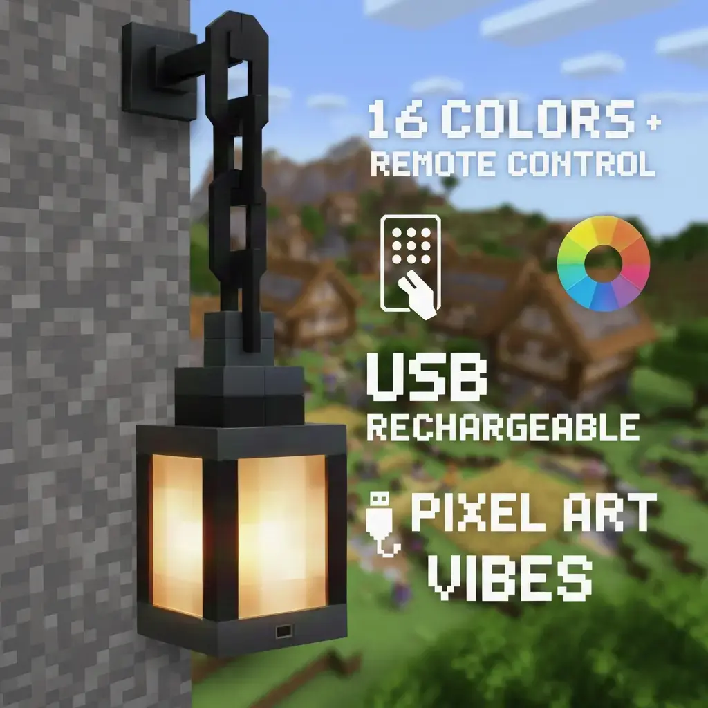 Pixel Minecraft Soul Lantern - 16 Color RGB Rechargeable LED Night Lamp, Remote Control, Handmade 3D Printed Design, 4 Lighting Modes, Lanterns for Bedroom Gaming Space, Cool Room Decor, Gamer Stuff, House Decor Wall Lamp