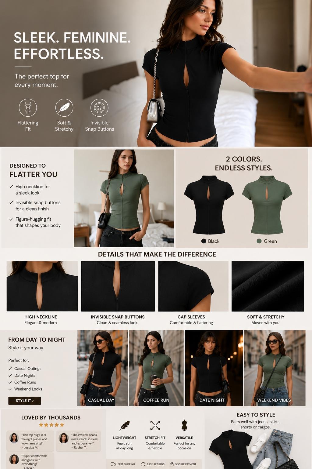 Women's Stand-Collar Solid Color Top, Short-Sleeve T-Shirt with Single-Button Hollow-Out Slim-Fit Design, Summer Casual Chic Top, Womenswear