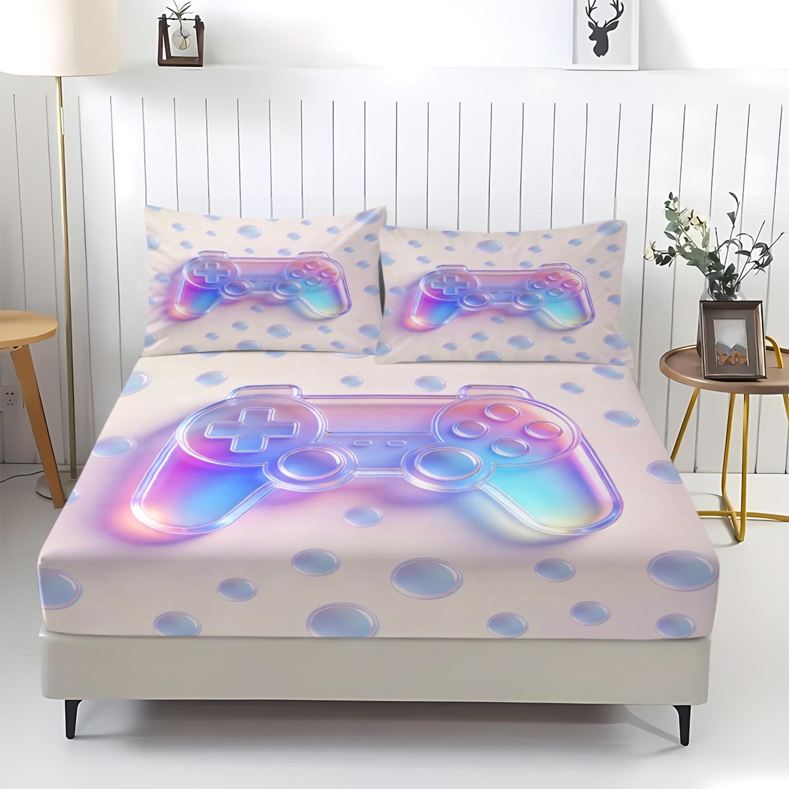 3-Piece Laser Game Controller Bed Skirt Set Fitted Sheet Set, Soft Breathable Fabric, Non-Slip Design, Perfect for Gaming Room, Sweet and Cool Sleep Setup