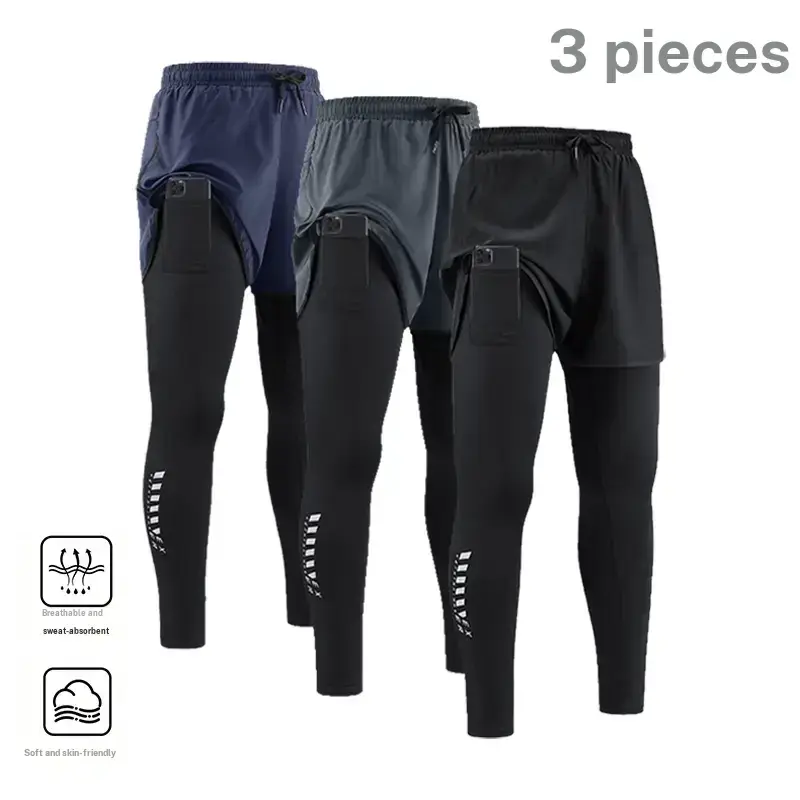 Men’s 3 Pack 2 in 1 Compression Running Leggings Mens Clothing, Casual Athletic Men's Pants, High Stretch Moves Freely, Quick Dry Breathable, Elastic Waistband, Slim Fit Flatters Thighs, Gym To Street Wear, Ideal for Fitness