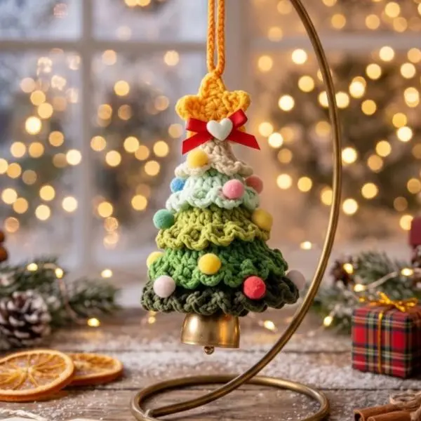 Cute Yarn Christmas Tree Hanging Ornament, Handmade Holiday Decor with Bell Detail, Christmas Decoration for Car, Door, Window & Home