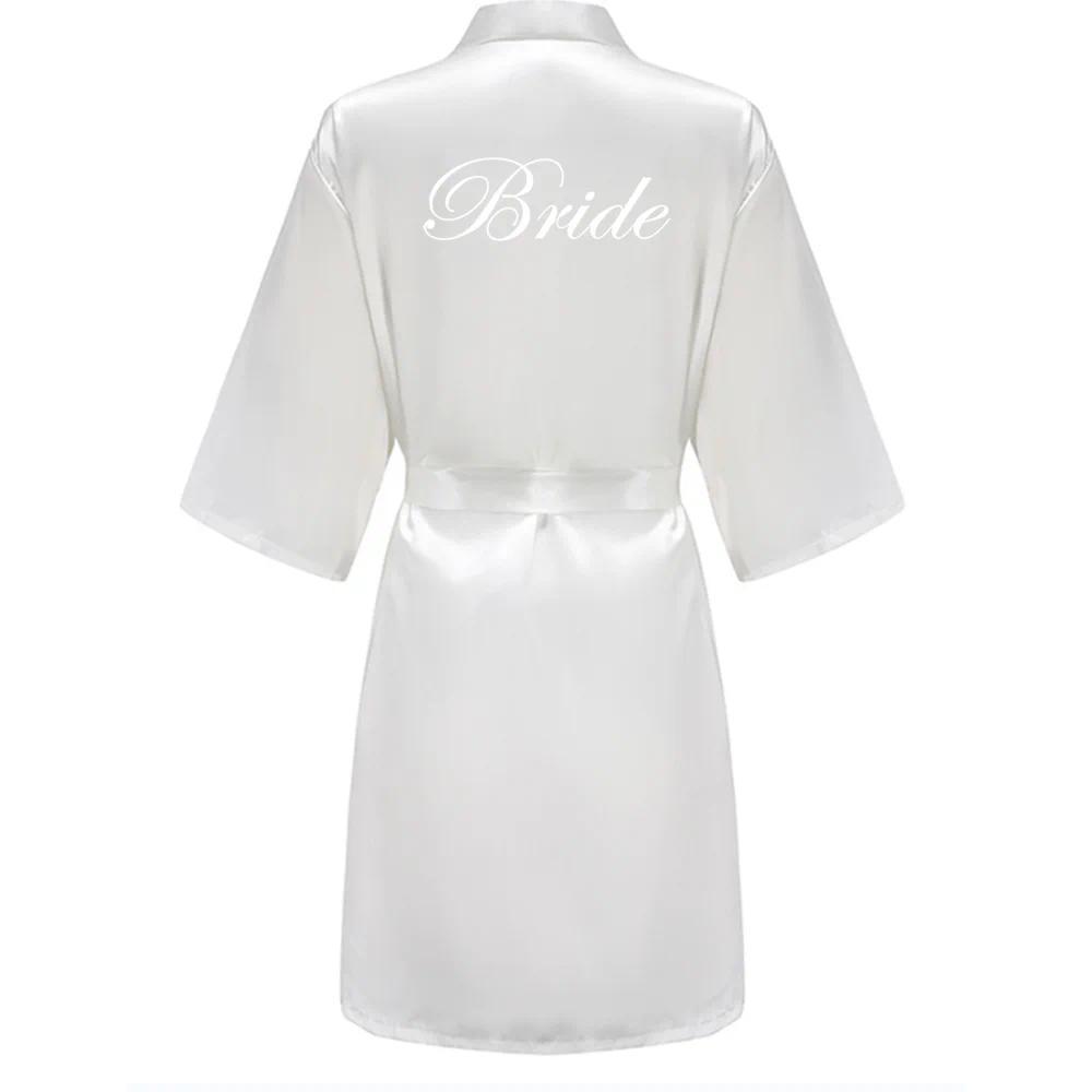 Team Bride Satin Kimono Lounge Robe, Royal Blue Bridesmaid Bathrobe with White Letters, Wedding Party Stress Relief Loungewear