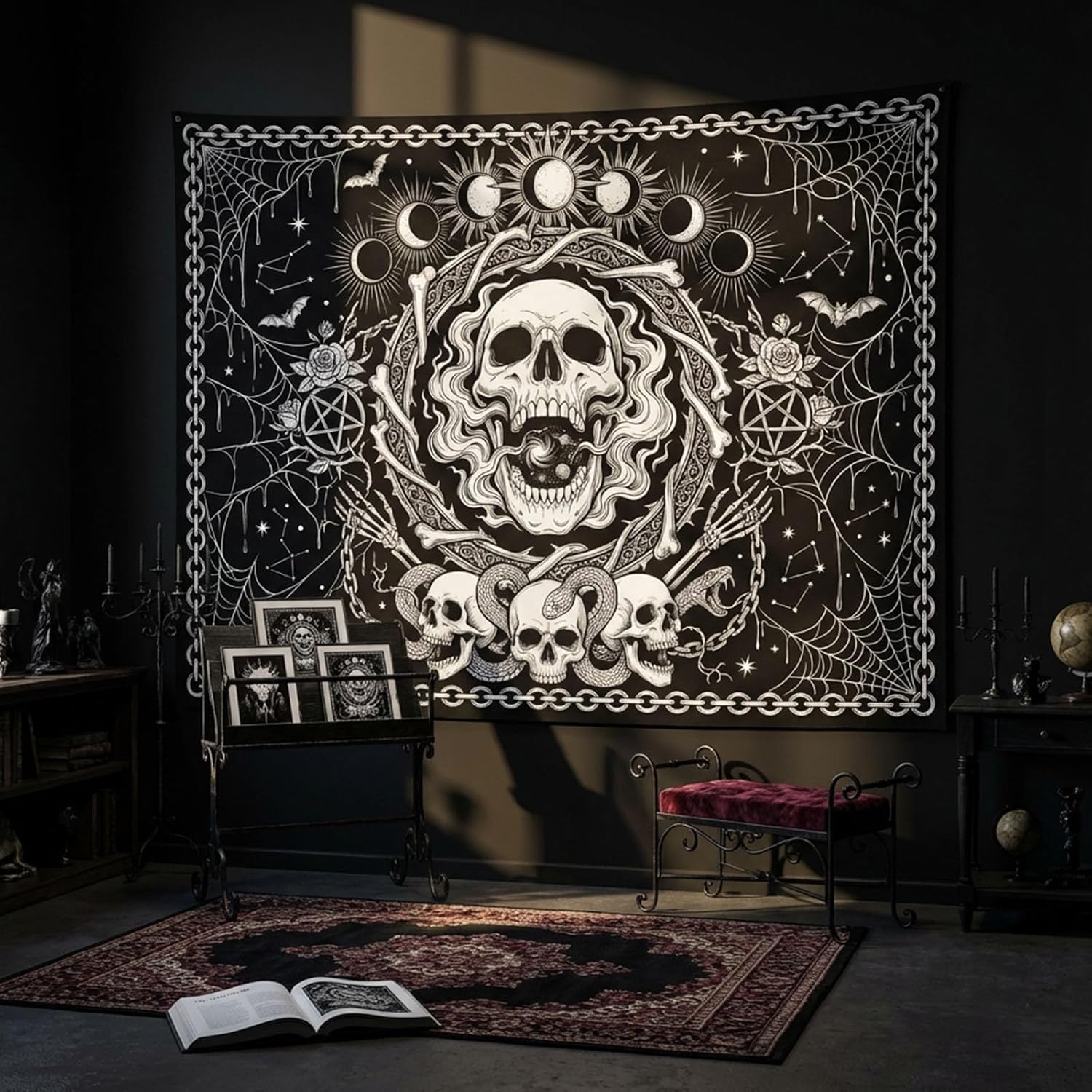 A Gothic mysterious skull tapestry, black and white moon snake wall tapestry, bedroom, dormitory, living room decoration