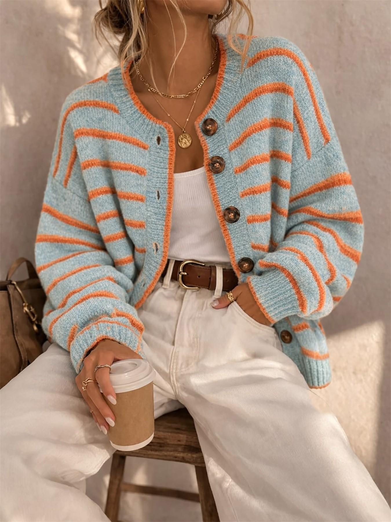 Women's Round Neck Drop Shoulder Single-Breasted Contrast Stripe Long Sleeve Fall/Winter Casual Fashion Loose Versatile Knit Cardigan – Urban Commute, Retro Street Sweater Wear