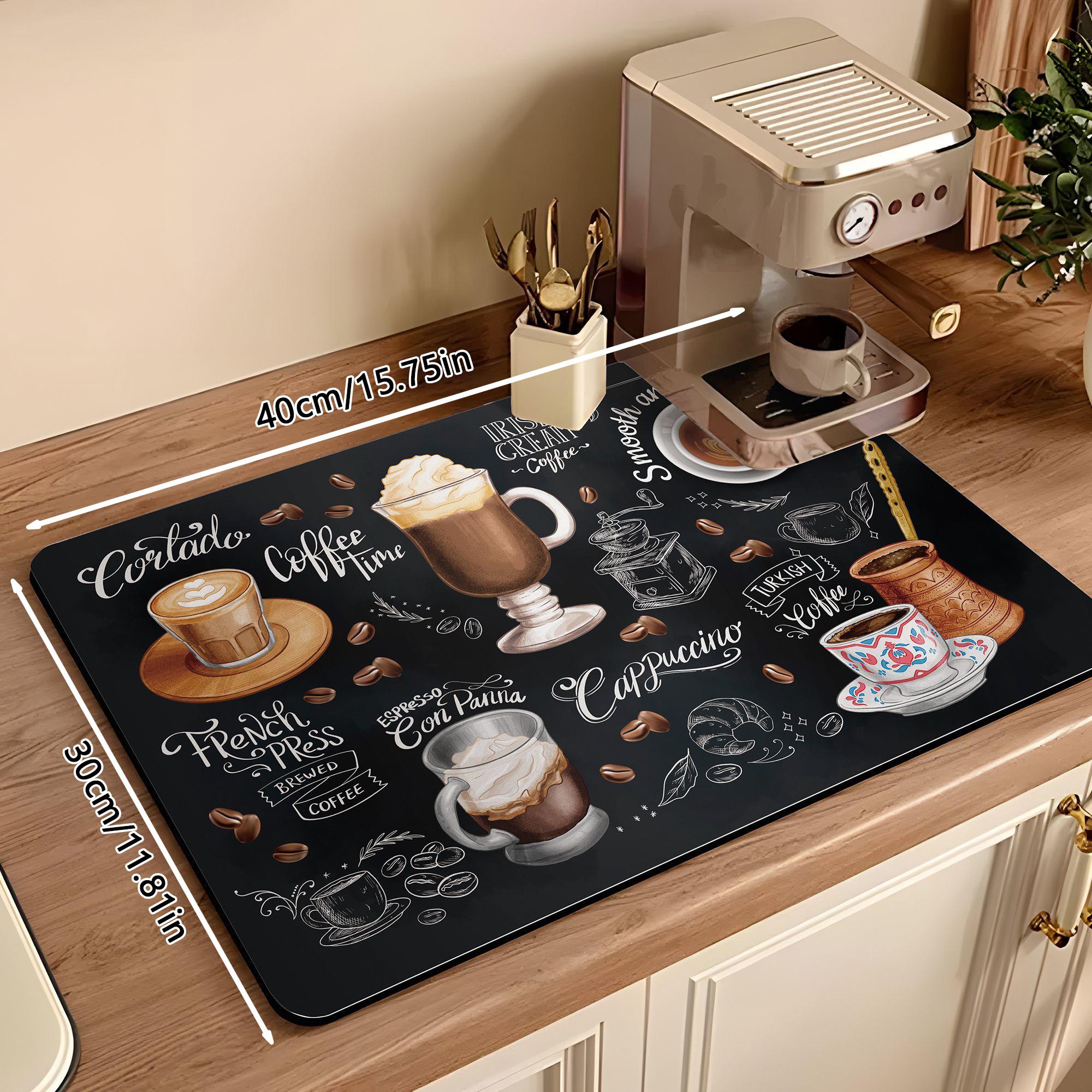 Bar Counter Coffee Mat, Absorbent Non-Slip Coffee Machine Pad, Kitchen Countertop Decorative Coffee Cup Print Drain Mat, Easy Clean, Gift for Coffee Lovers
