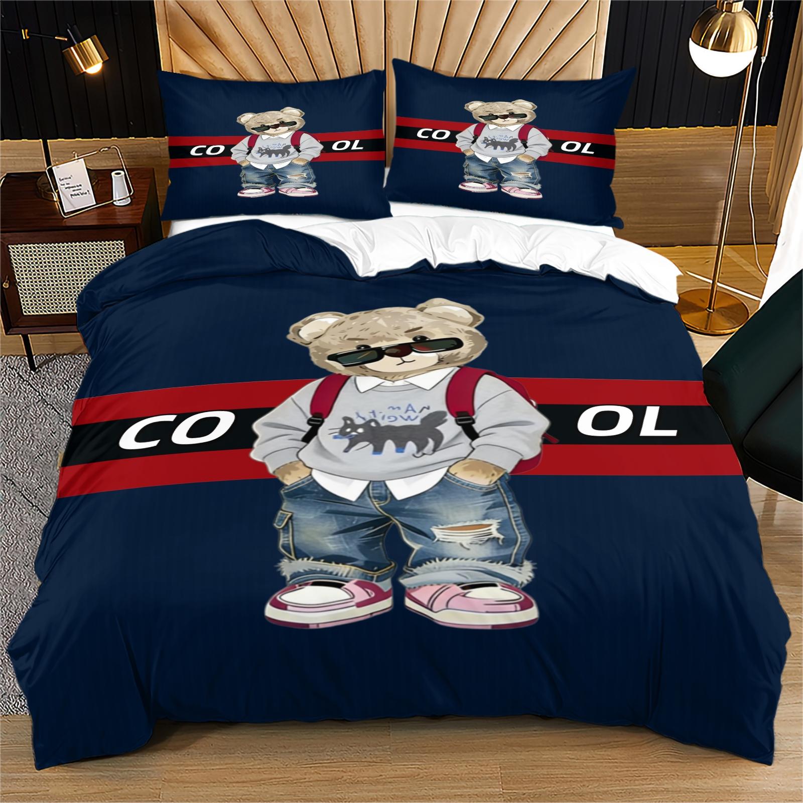 Trendy Bear Print Quilt Cover Set, includes 1 quilt cover and 1 or 2 pillowcases, does not include quilt or pillow inserts, suitable for bedroom or dormitory bedding sets, ideal for gifting or personal use