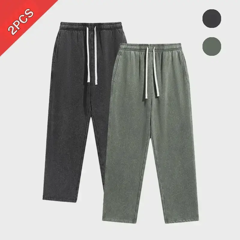 Men’s   autumn  retro washed cotton long athletic sweatpants with a drawstring elastic waistband, loose straight leg fit, warm for winter casual wear.