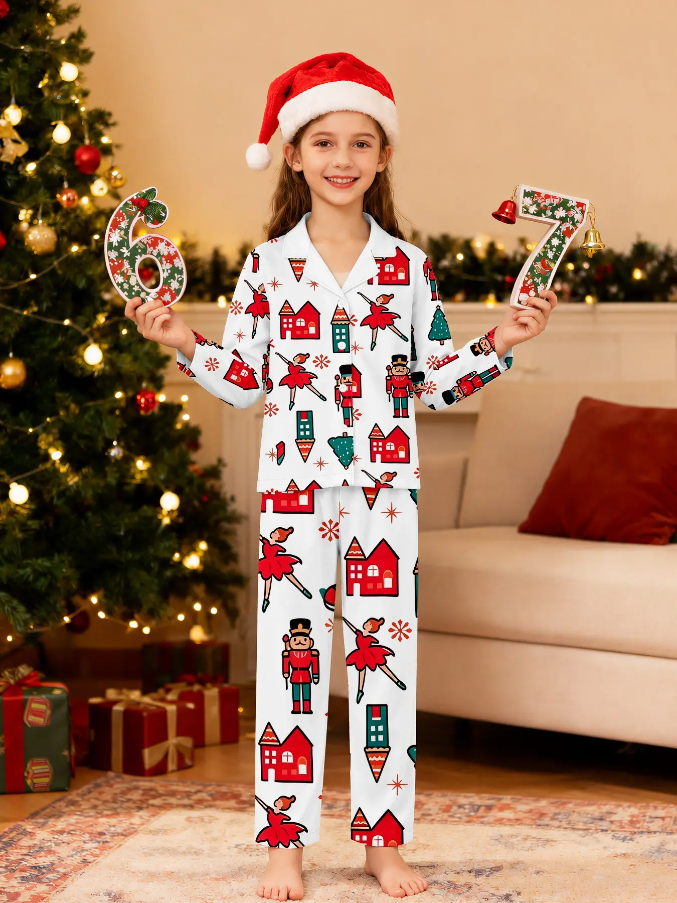 Christmas Nutcracker Pajama Set, Long Sleeve Loose-Fit Sleepwear, Casual All Seasons, Natural Waist Design