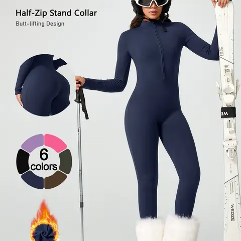 Women's Sportswear One-Piece Suit, Half-Zip Stand Collar, Adjustable Neck, Warm and Breathable, Windproof and Waterproof, Skiing Gear