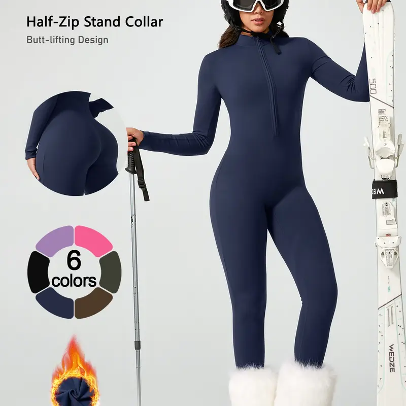 Women's Sportswear One-Piece Suit, Half-Zip Stand Collar, Adjustable Neck, Warm and Breathable, Windproof and Waterproof, Skiing Gear