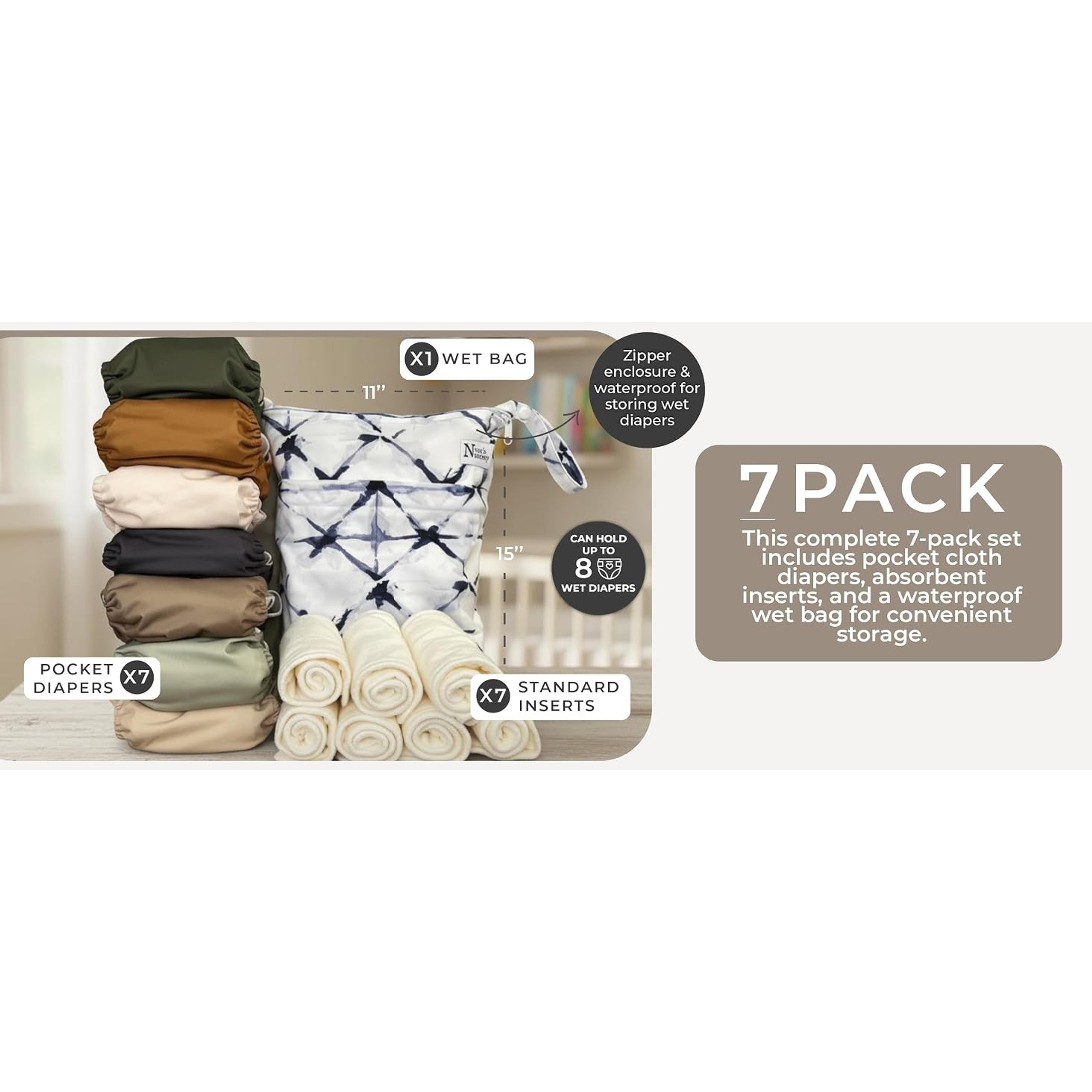 Delilah 7-Piece Reusable Cloth Diaper Set - 7 Inserts, 1 Waterproof Wet Bag, Adjustable One Size Pocket Cover, Washable for Newborns, Seven Pieces