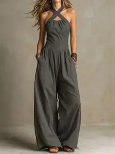Women's High-Waisted Pleated Romper, Boho Cross-Neck Wide Leg, Lightweight Commuter, Casual Loose-Fit, All Seasons