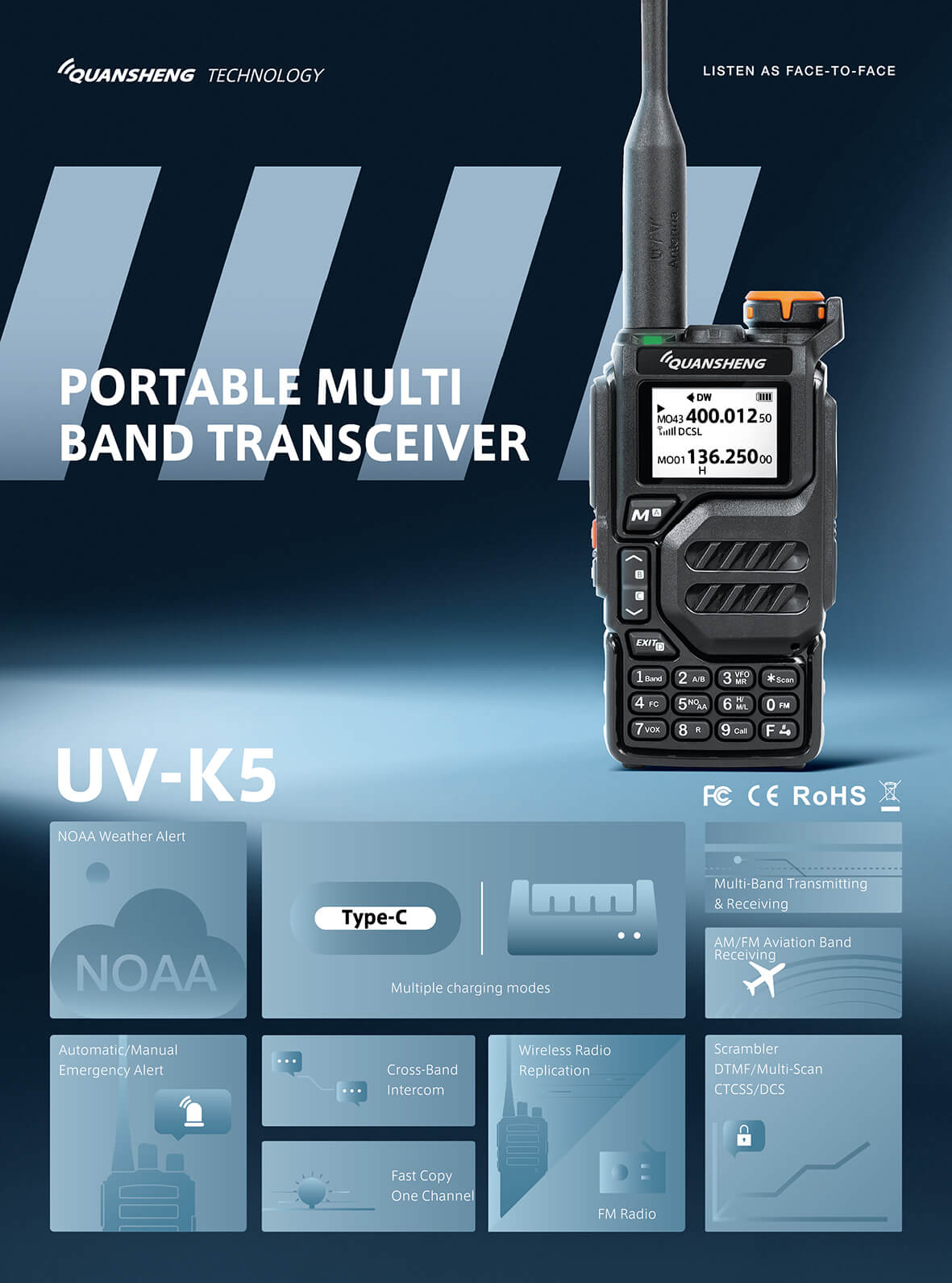 Quansheng Uvk5 Am/fm/dtmf Digital Walkie Talkie, 200 Channel Type-c Charging Three Frequency Receiving Walkie Talkie Noaa Weather Forecast, with Flash Vox Replication Frequency Lcd Display
