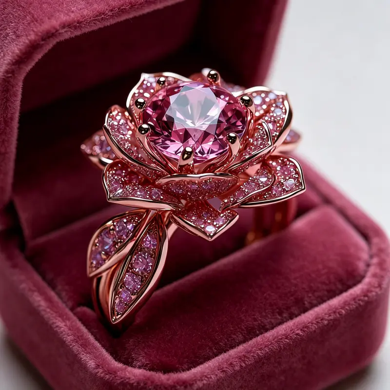2026 New Women’s Adjustable Band Ring - 3D Rose Shape, Rose-Gold Tone, Paved Pink Crystal, 6-Prong Setting Simulated Moissanite, Luxury Hand Jewelry for Date Night, Party Styling
