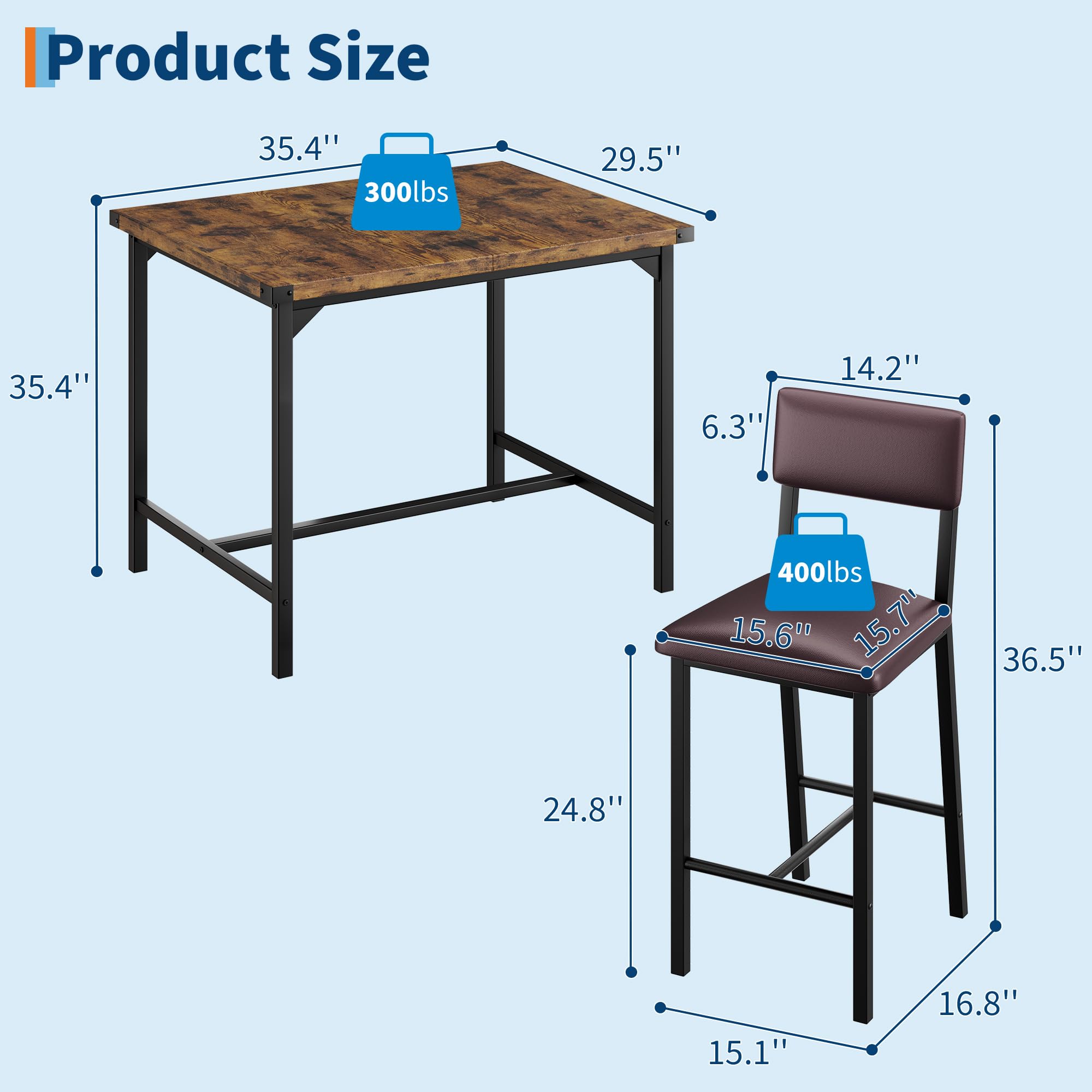 Dining Table Set for 2 w/Counter Height Table & 2 Upholstered Bar Stools, 3-Piece Kitchen Table Set with Footrest & Corner Protector, for Kitchen Room, Apartment Dining Table Set for 2 w/Counter Height Table & 2 Upholstered Bar Stools, 3-Piece Kitchen Table Set with Footrest & Corner Protector, for Kitchen Room, Apartment