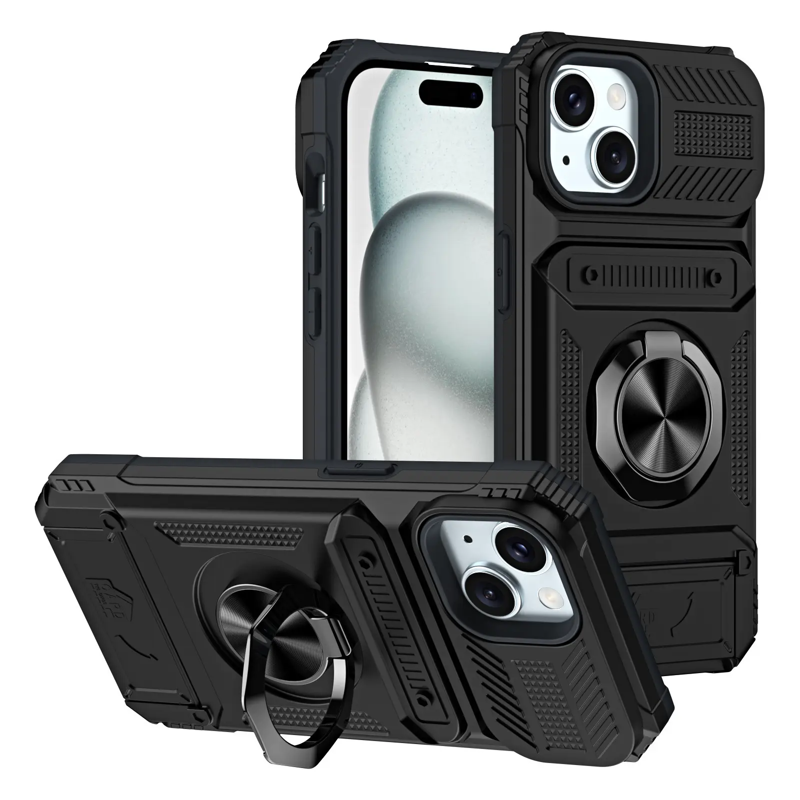 Heavy Duty Military Grade Polycarbonate Rugged Hard Phone Shell Accessories for iPhone 17-13, Slide Camera Cover, Built-in 360° Rotatable Ring Stand, Card Slot Holder, Fingerprint-Compatible Cover for Men, Built-In Stand