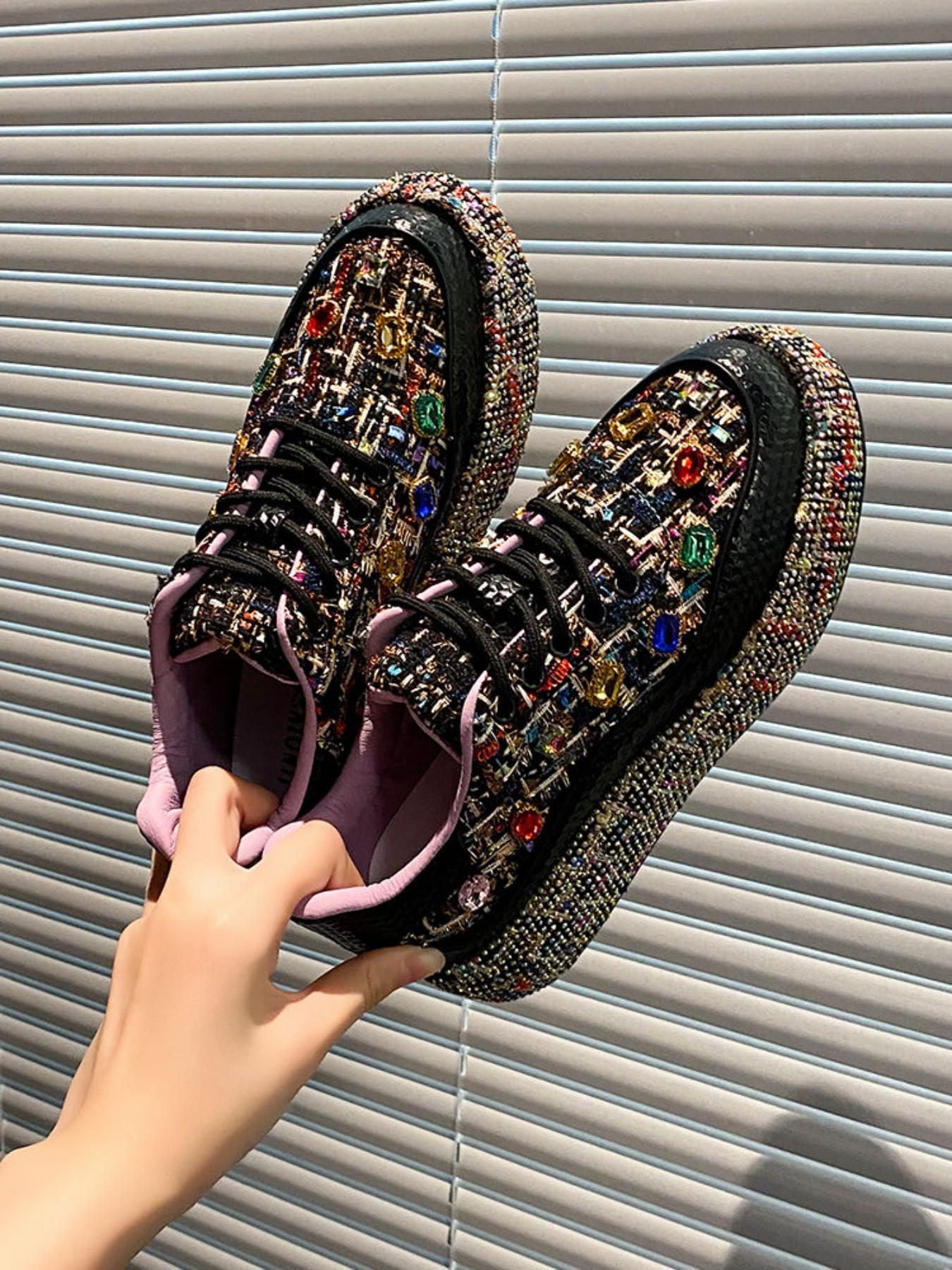 Full Diamond Thick Sole Sport Casual Shoes, Unique Design Handmade Embellished Luxury Thong Dad Sneakers, Party Banquet Multi-Scene Cool Women's Shoes