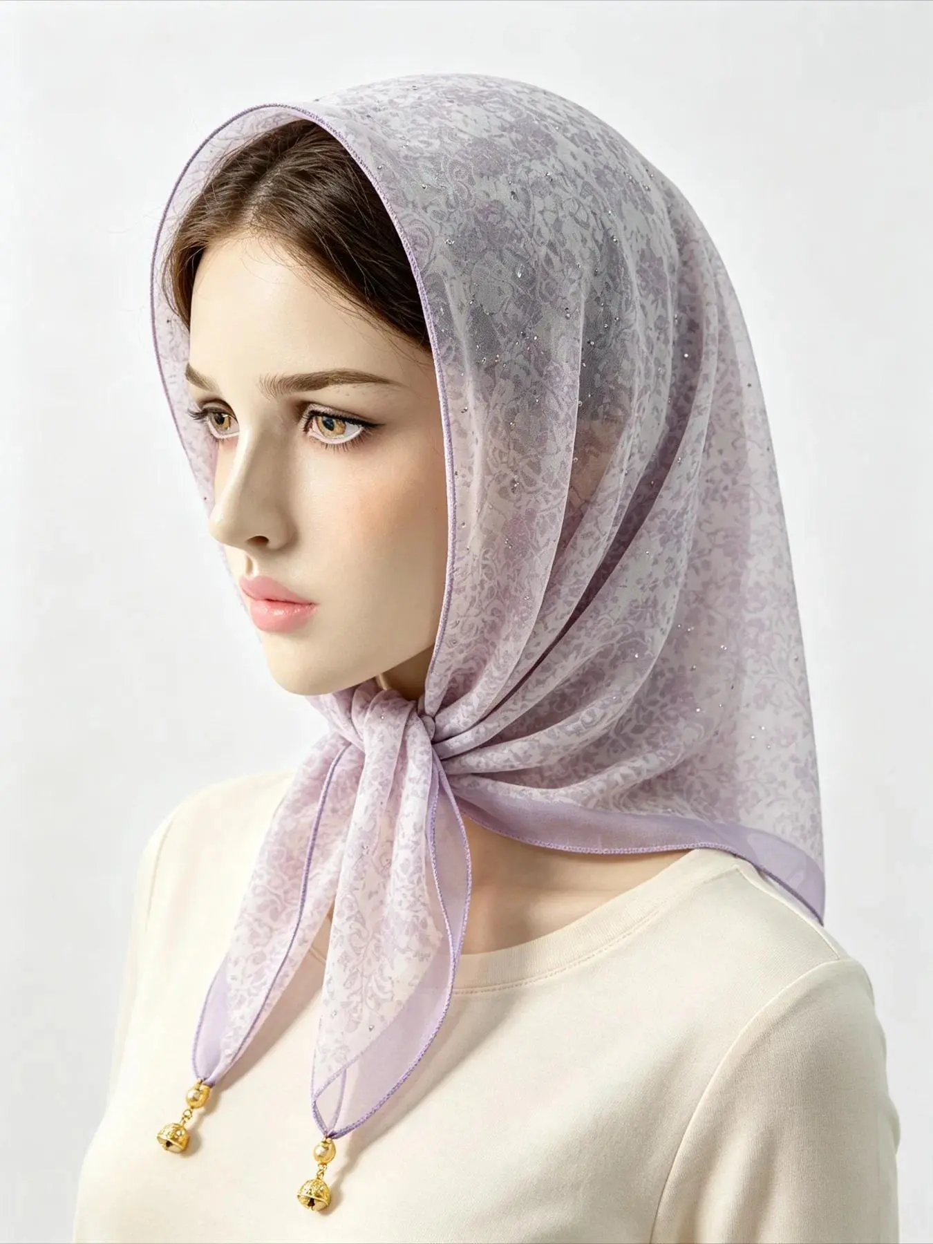 Light Purple Floral Print Hijab Women Rhinestone Decor Headscarf With Gold Tassel Pendant Fashion Muslim Head Wrap Bandana