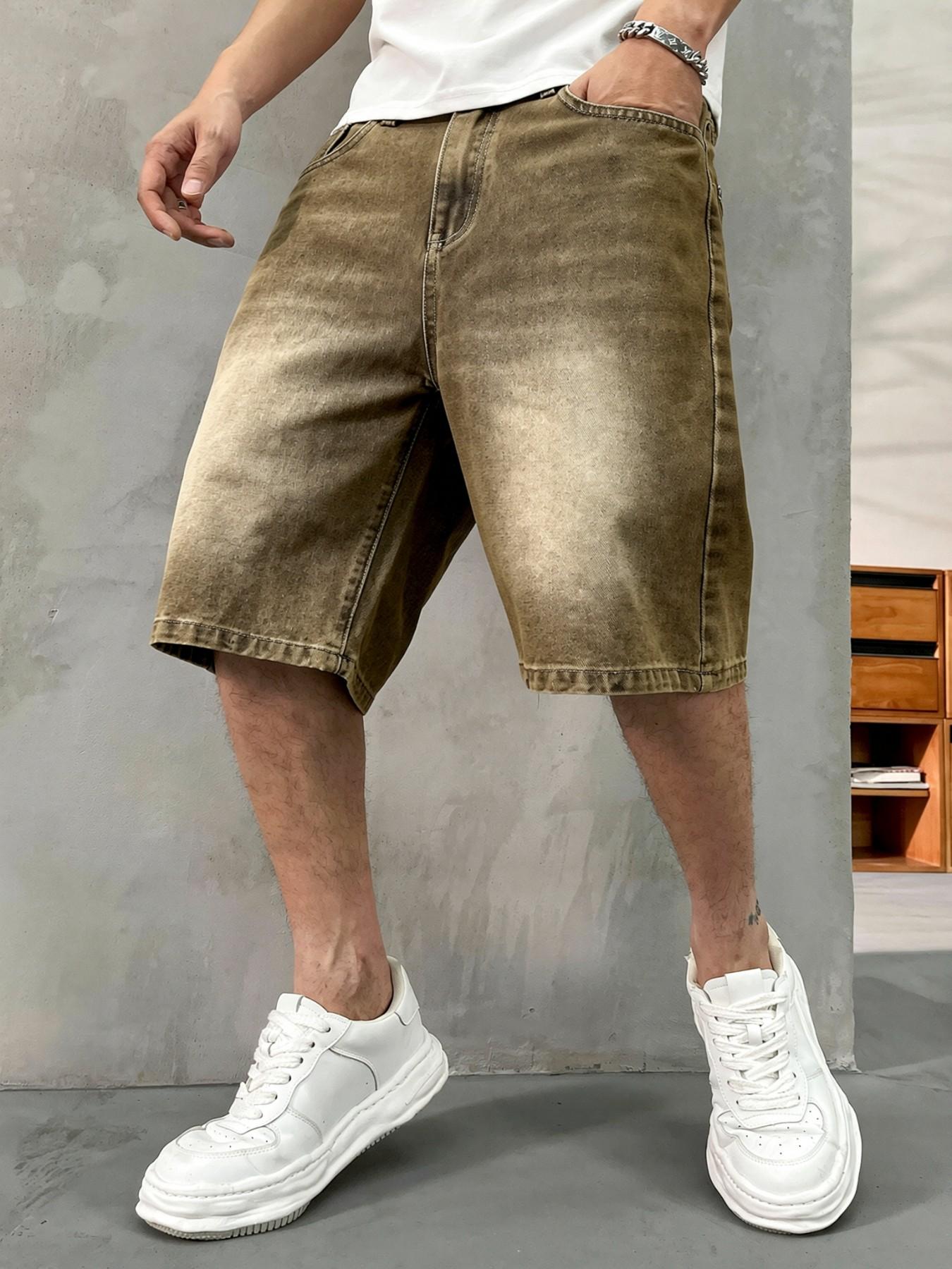 Men's washed retro color denim shorts, trendy, versatile, loose straight-leg casual streetwear denim five-point pants