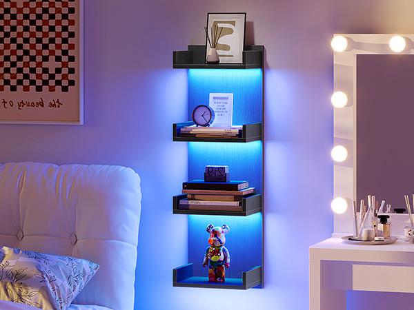 HOOBRO Floating Wall Shelves with LED Lights, 4-Tier Floating Shelf Wall Mounted for Storage, Vertical Display Stand, Modern Column Rack, for Bedroom, Living Room, Hallway, Black
