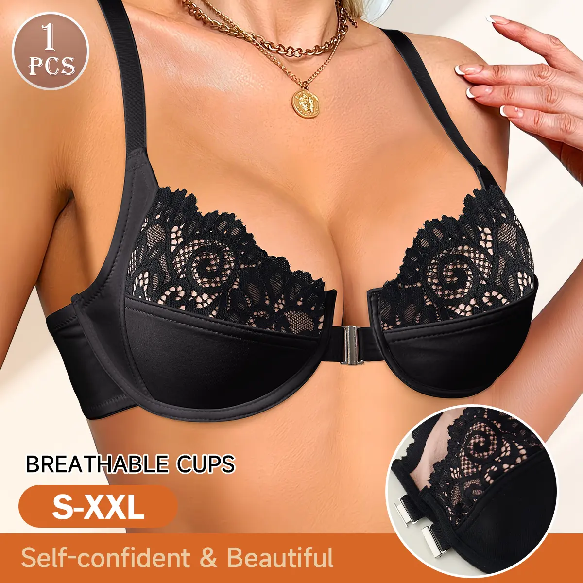 QUASTI Women's Front Closure Lace Bralette - Womenswear Thin Cup Bra with Elegant Floral Lace Y-Racerback, Summer Breathable Everyday Underwear (Black & White Available)