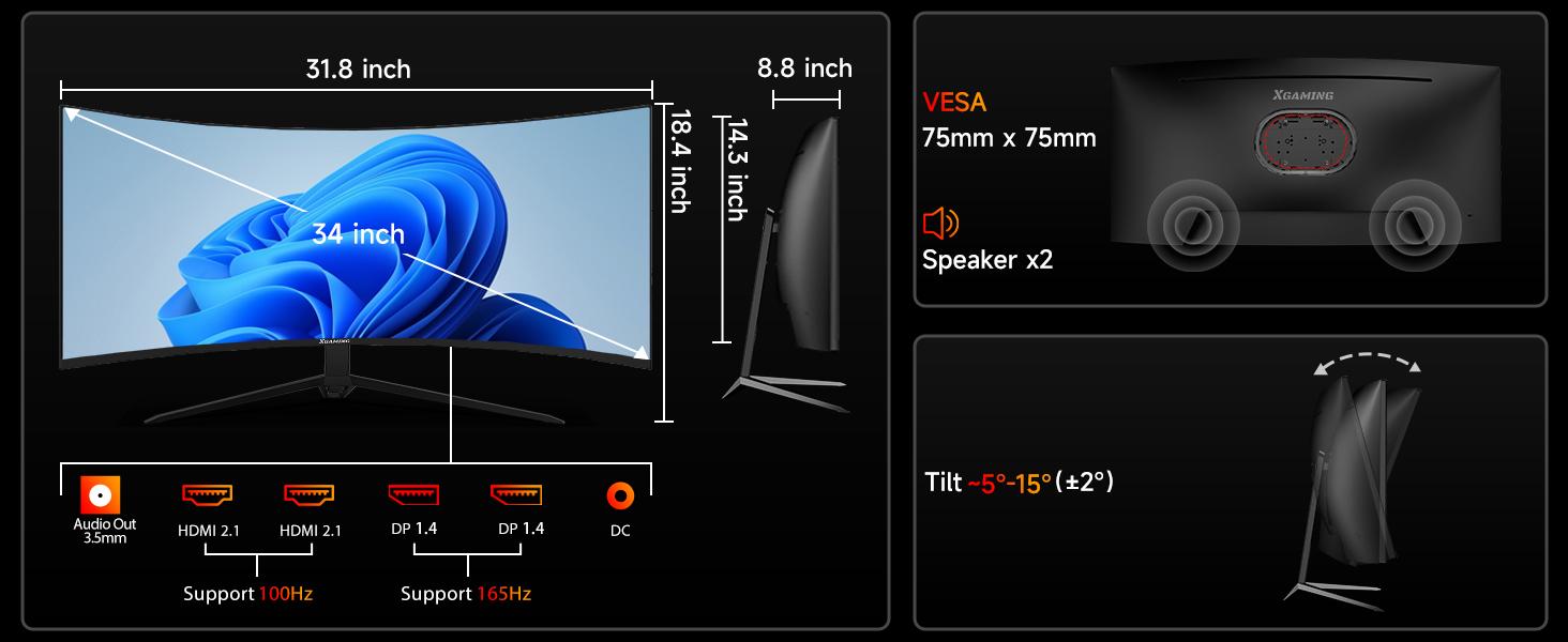 34-Inch Ultrawide Curved Gaming Monitor, 3440x1440 WQHD, Up to 165Hz, 1ms, 1500R Curvature, 100% sRGB, FreeSync Premium, HDMI 2.0 & DisplayPort 1.4, Wall Mountable - Black 34-Inch Ultrawide Curved Gaming Monitor, 3440x1440 WQHD, Up to 165Hz, 1ms, 1500R Curvature, 100% sRGB, FreeSync Premium, HDMI 2.0 & DisplayPort 1.4, Wall Mountable - Black
