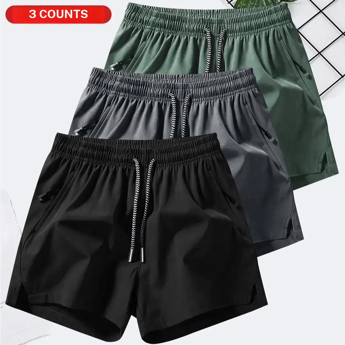 3PCS Men's Plain Fashion Sports Shorts with Drawstring and Zipper Pockets, Suitable for Summer Training, Daily Wear, Elastic Drawstring Waistband with Zipper Pockets, Lightweight and Breathable Summer Workout Pants for Outdoor Activities and Casual Wear