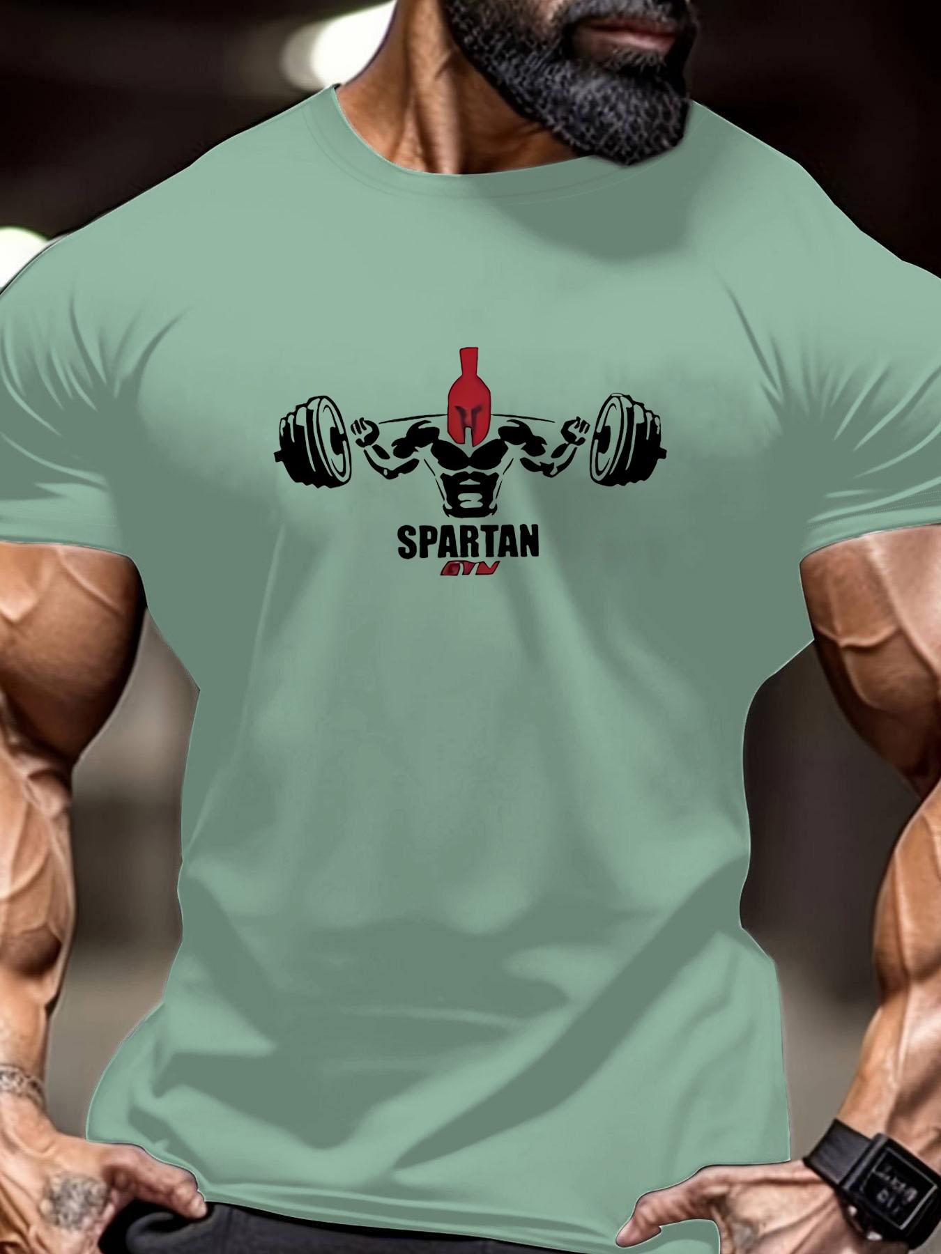 Men's Regular Fit Spartan Print Round Neck Tee, Casual Short Sleeve Crew Neck T-Shirt for Summer, Fashion Men's Top for Gym Workout Running Athletic Style Activewear Clothing