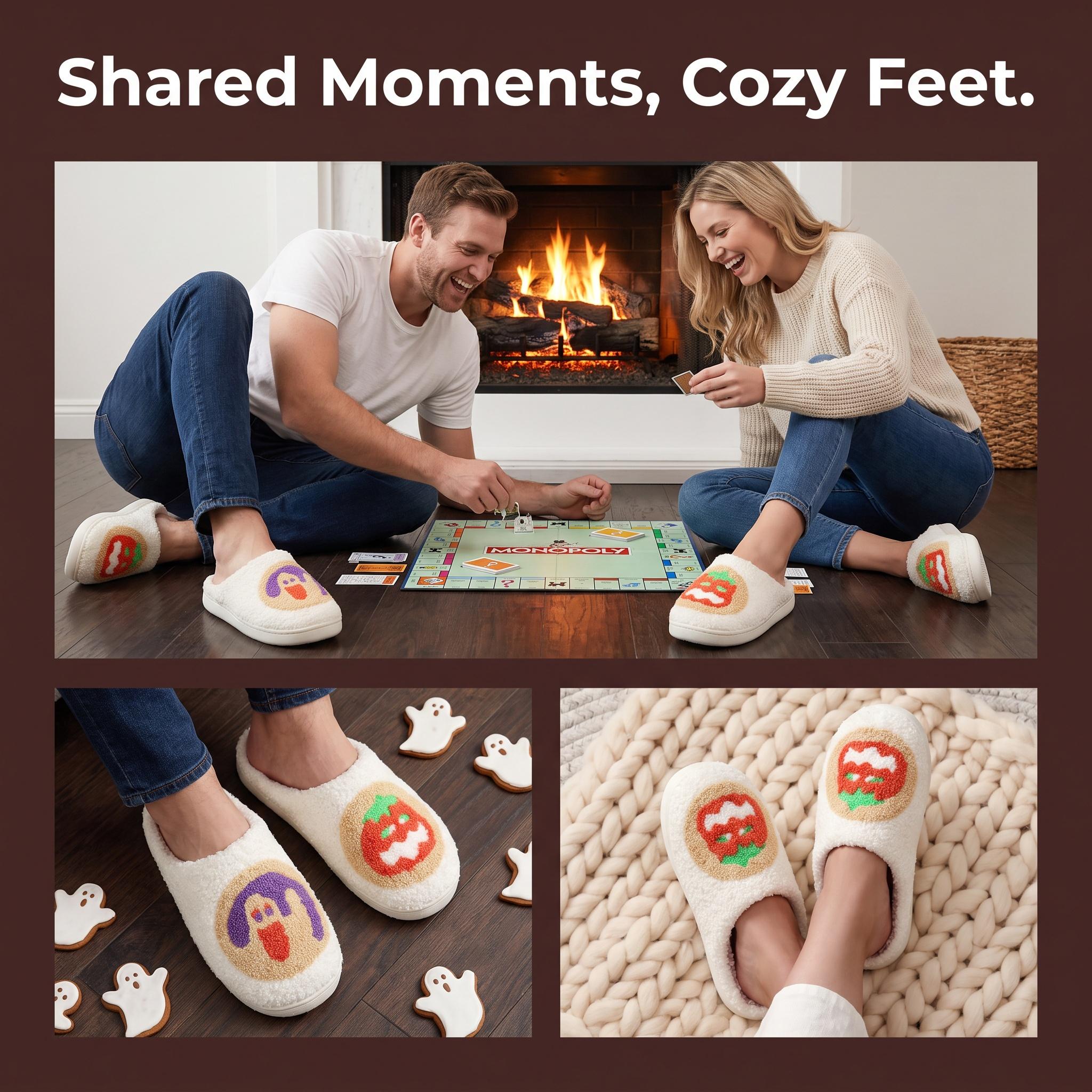 Vintage Halloween Embroidered Polyester Plush Slippers - Unisex Casual Round Toe House Slides, Soft Fall Winter House Shoes, Perfect Halloween Gift for Relaxation