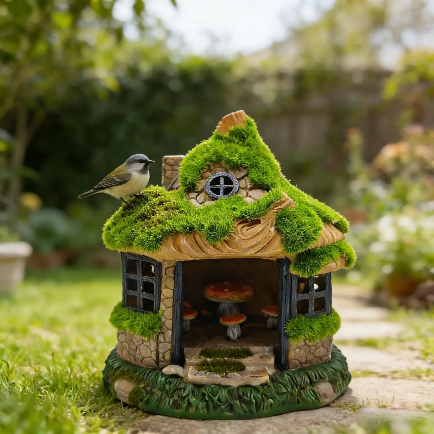 Fairy Garden House, Flocked Moss Miniature Cottage for Outdoor Yard Decor, Weather-Resistant Resin Forest House with Mushroom Furniture, Fairy Garden Accessories for Patio, Lawn, Home, and Gift