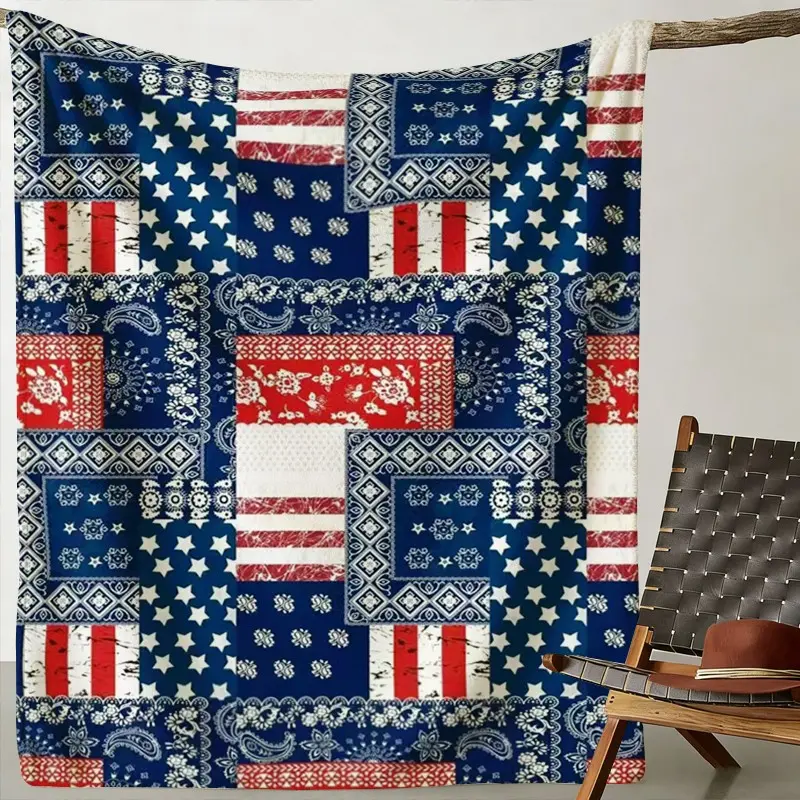 Vintage Paisley Blue Star Pattern Flannel Blanket, Home Sofa Nap Decor, Office Nap, Shoulder Wrap, Multiple Sizes, Portable Travel Camping